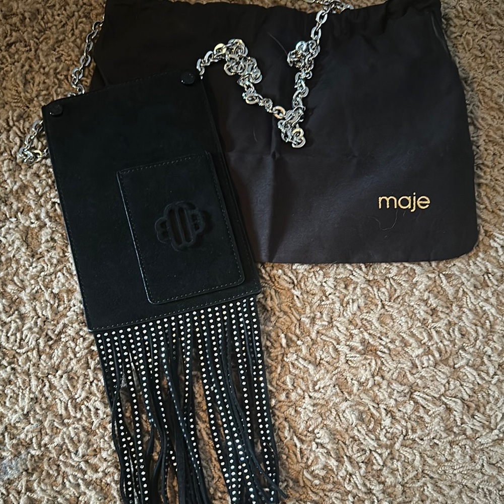 Maje Black Key & Card Holder with Fringe Details